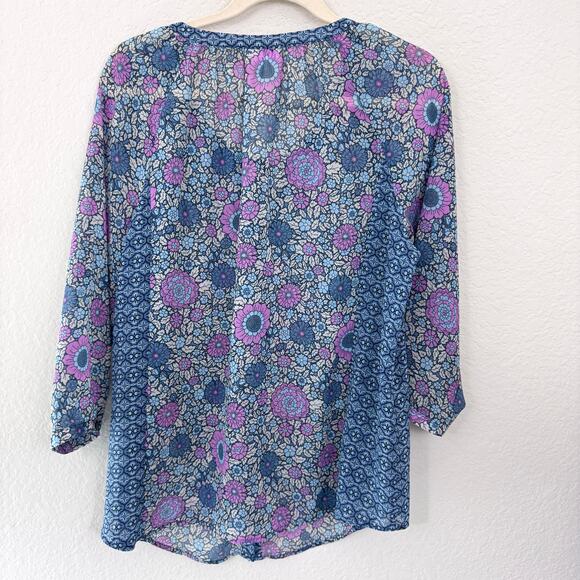 J. Jill Womens Blouse Top Size M Floral Flowy Sheer Boho Feminine Blue - Picture 3 of 8
